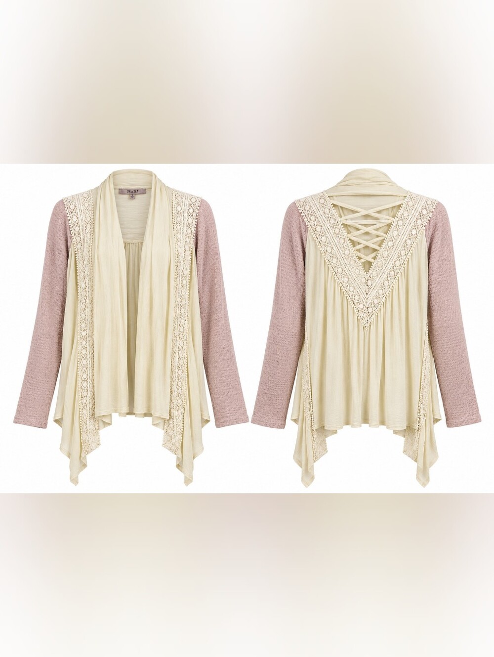 Miss Me Boho Crochet Lace Draped Cardigan Kimono Lace Up Back Yellow Tan S Rodeo